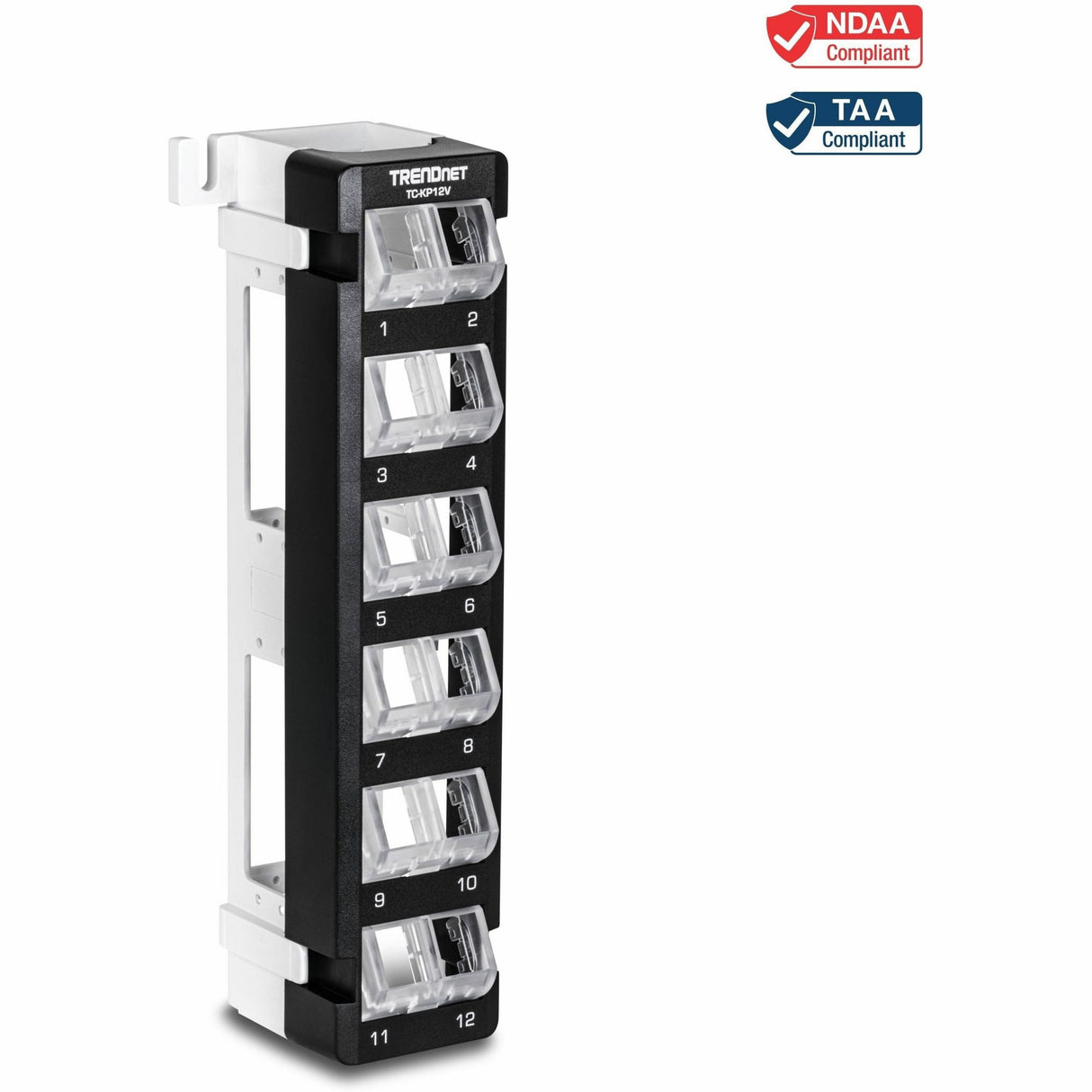 TRENDnet 12-Port Blank Angled Wall Mount Keystone Patch Panel, TC-KP12V, Use with TRENDnet Keystone Jacks (Sold Separately), Snap-in Style, Quick and Easy Access, 89D Wall Mount Bracket Included — TC-KP12V
