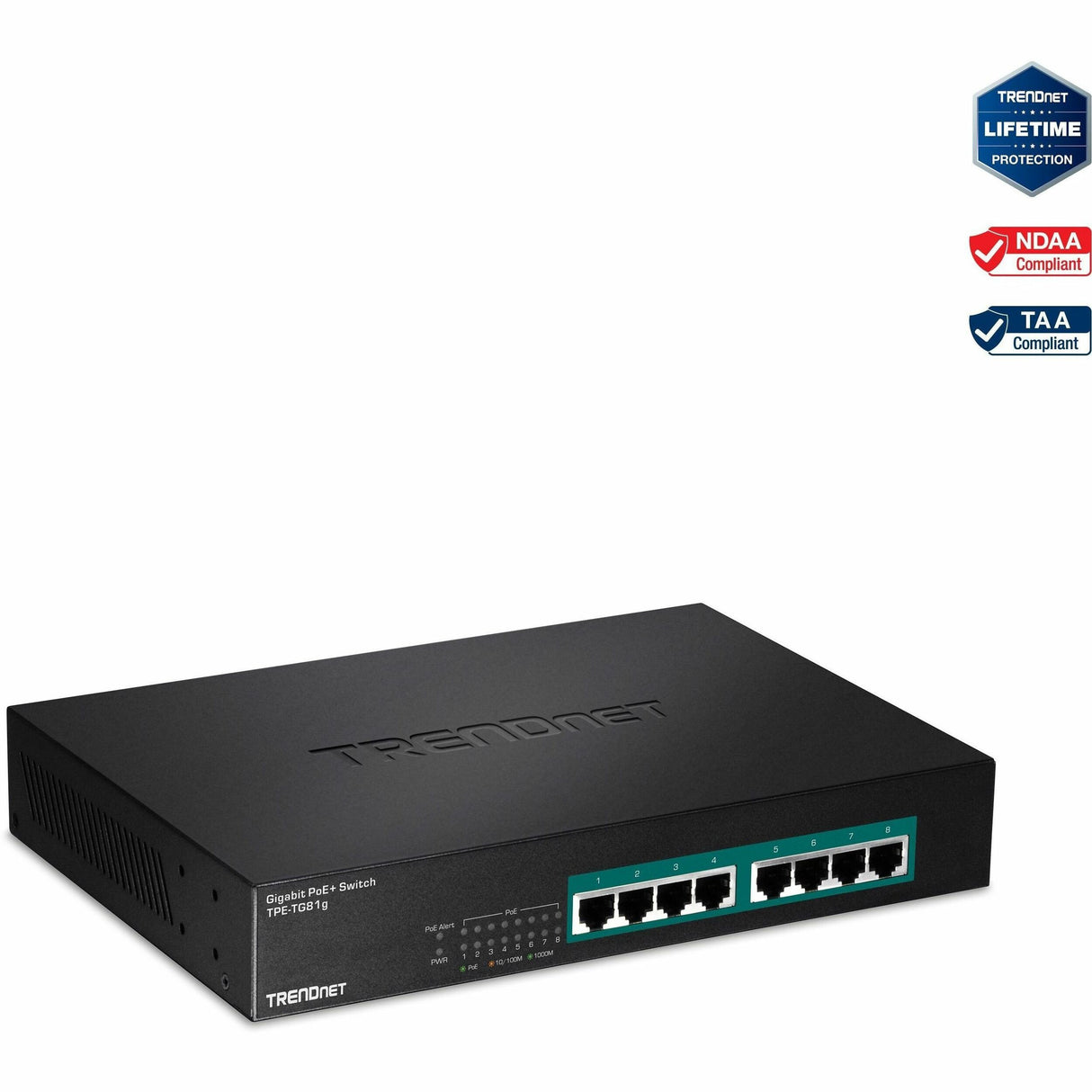 TRENDnet 8-Port Gigabit GREENnet PoE+ Switch, TPE-TG81g, 8 x Gigabit PoE+ Ports, Rack Mountable, Up to 30 W Per Port with 110 W Total Power Budget, Ethernet Network Switch, Metal, Lifetime Protection — TPE-TG81g