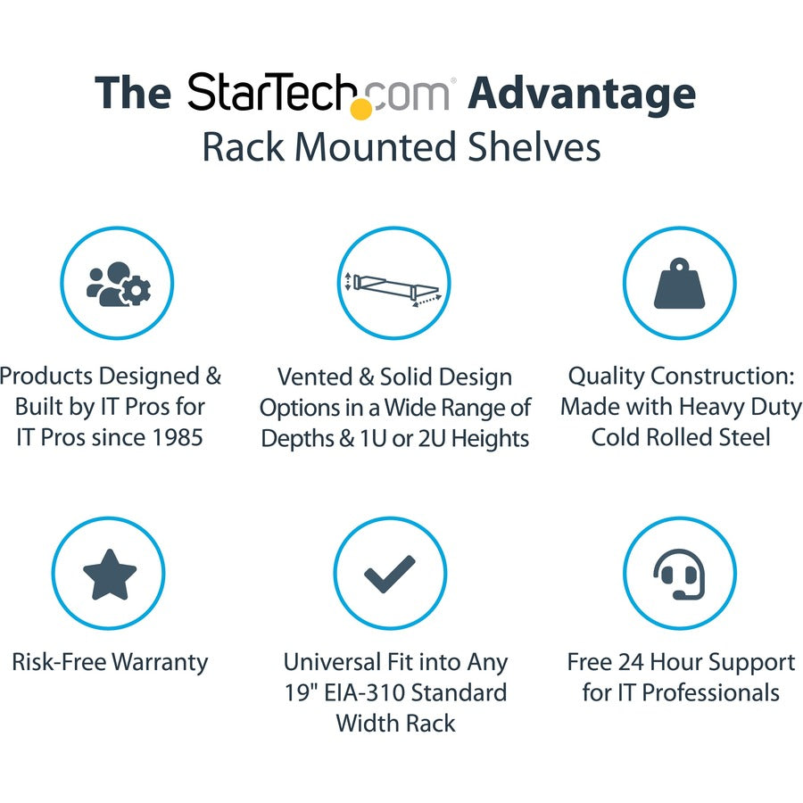 StarTech.com 1U Server Rack Cabinet Shelf - Fixed 10" Deep Cantilever Rackmount Tray for 19" Data/AV/Network Enclosure w/cage nuts, screws — CABSHELF1U10