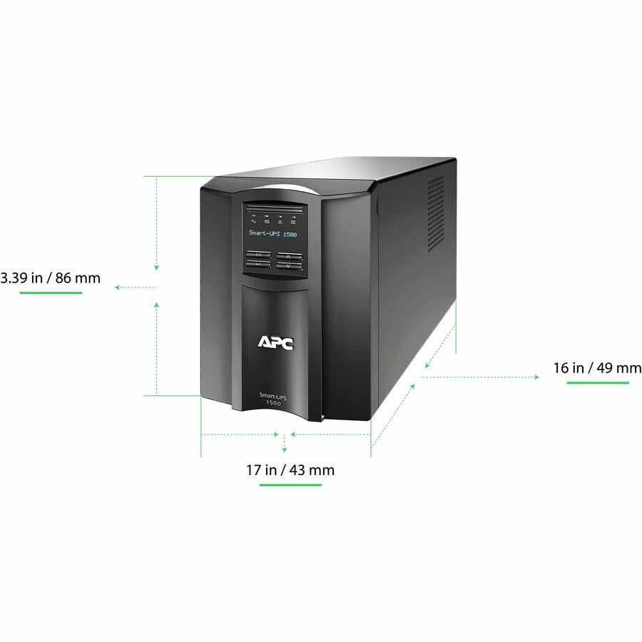 APC Smart-UPS, Line Interactive, 1500VA, Tower, 120V, 8x NEMA 5-15R outlets, SmartConnect Port+SmartSlot, AVR, LCD — SMT1500C