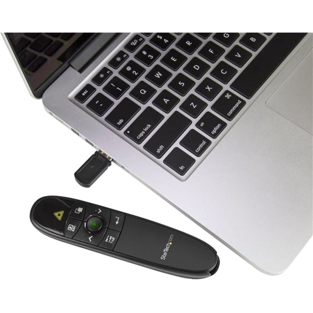 StarTech.com Wireless Presentation Remote with Green Laser Pointer - 90 ft. (27 m) - USB Presentation Clicker for Mac and Windows - Batteries Included - Wireless Slideshow and Volume Controls — PRESREMOTEG