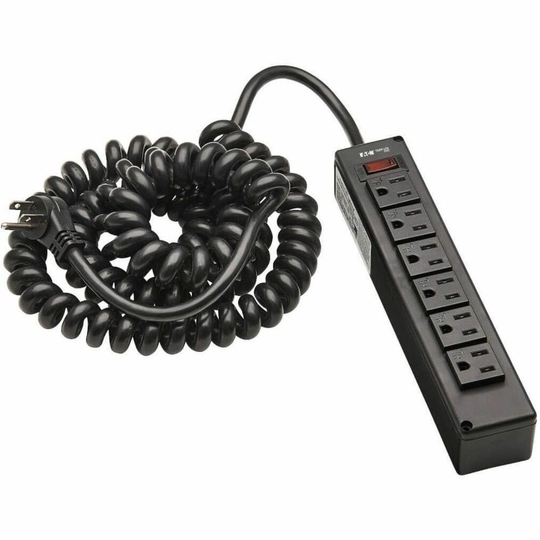 Eaton Tripp Lite Series Safe-IT 6-Outlet Surge Protector - 10 ft. Spiral Cord, 5-15P Plug, 300 Joules, Antimicrobial Protection, Black — TLP610COILAM
