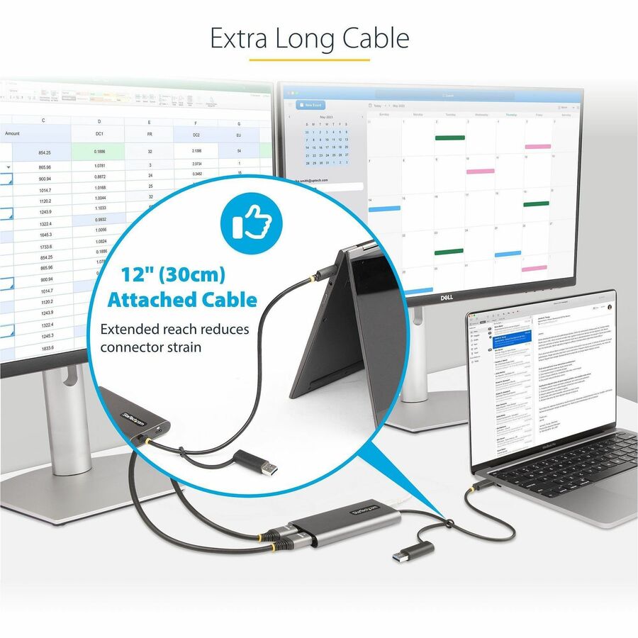 StarTech.com USB-C to Dual-HDMI Adapter, USB-C/A to 2x HDMI, 4K 60Hz, 100W PD Passthrough, 1ft/30cm Cable, USB to HDMI Converter, TAA — 109B-USBC-HDMI