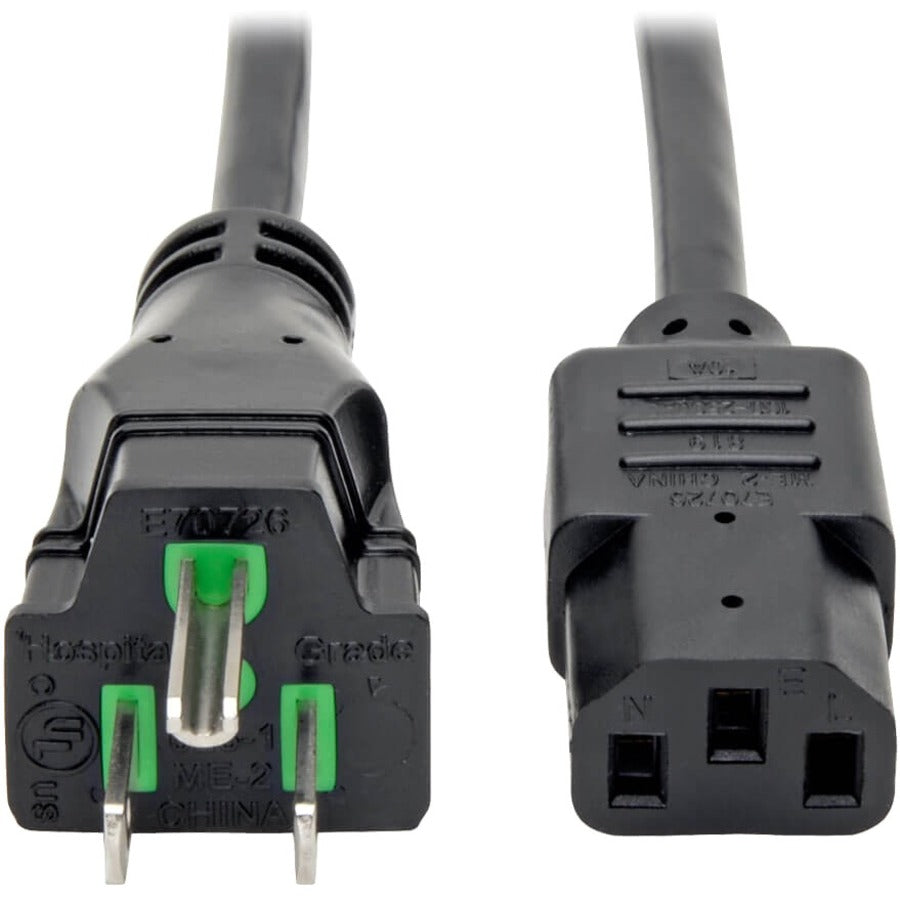 Eaton Tripp Lite Series Hospital-Grade Power Cord, NEMA 5-15P to C13 - Green Dot, 10A, 125V, 18 AWG, 6 ft. (1.83 m), Black — P006-006-HG10