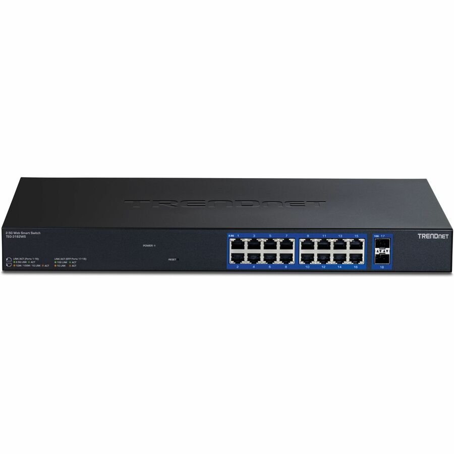 TRENDnet 18-Port Multi-Gig Web Smart Switch, TEG-3182WS, 16 x 2.5Gb Ports, 2 x 10Gb SFP+ Ports, NDAA TAA Compliant, Lifetime Protection, Remote Cloud Management, Black — TEG-3182WS