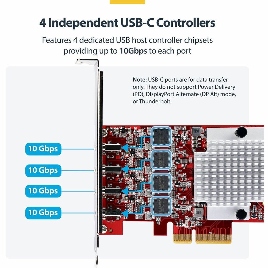 StarTech.com 4-Port USB Type-C PCIe Card, USB 3.2 10Gbps, USB-C PCI Express Expansion Card, 4x Independent USB Controllers, TAA-Compliant — P10Q4C-USB-CARD