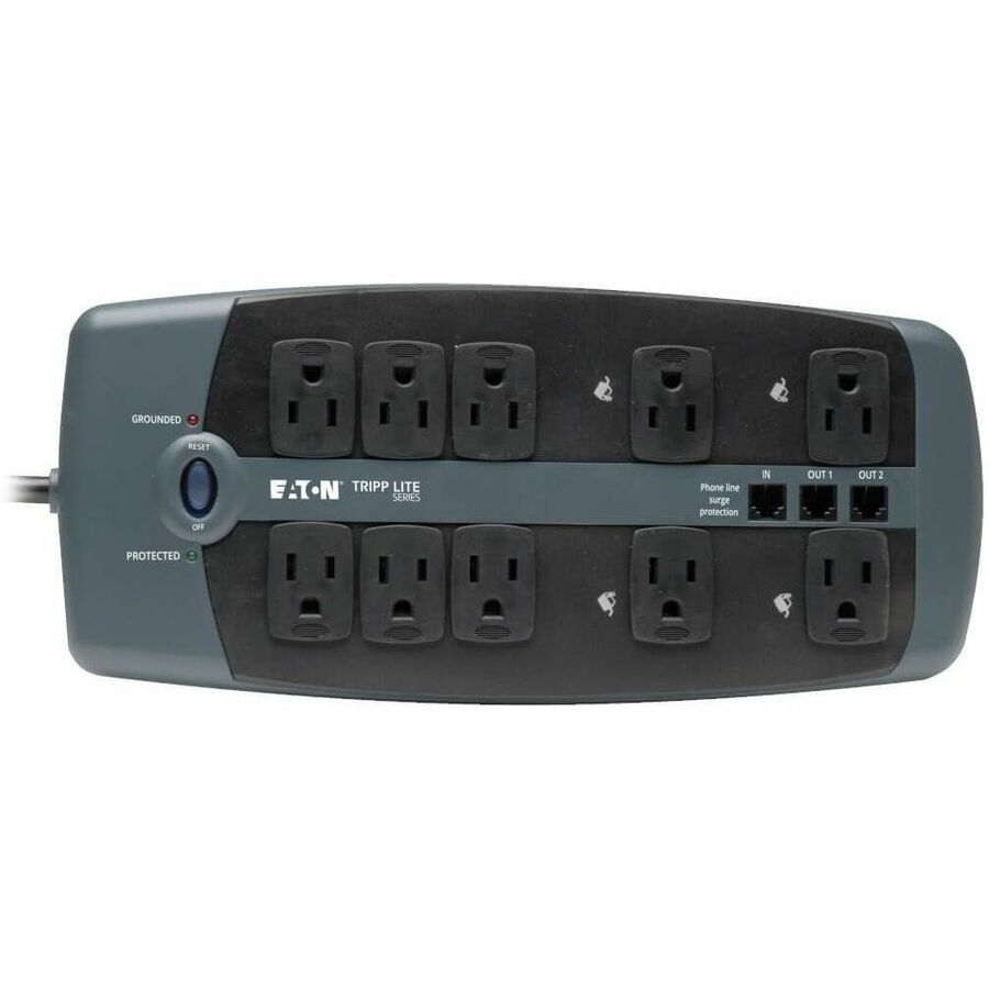 Eaton Tripp Lite Series Protect It! 10-Outlet Surge Protector, 8 ft. (2.43 m) Cord with Right-Angle Plug, 2395 Joules, Tel/DSL Protection, Black Housing — TLP1008TEL