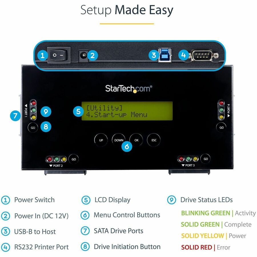StarTech.com 4 Bay SSD/HDD Hard Drive Eraser, 2.5/3.5" SATA, Standalone Wiper, Disk Sanitizer, Hardware Wiper Erasing Tool, NIST/DOD/TAA — SATERASER4