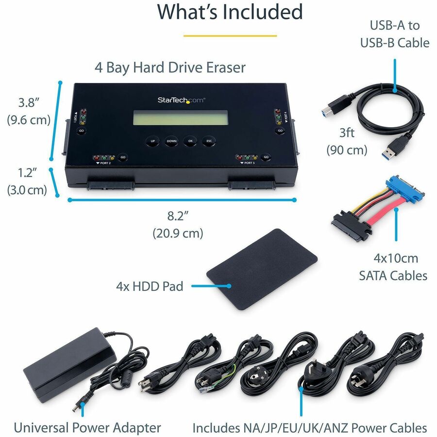 StarTech.com 4 Bay SSD/HDD Hard Drive Eraser, 2.5/3.5" SATA, Standalone Wiper, Disk Sanitizer, Hardware Wiper Erasing Tool, NIST/DOD/TAA — SATERASER4