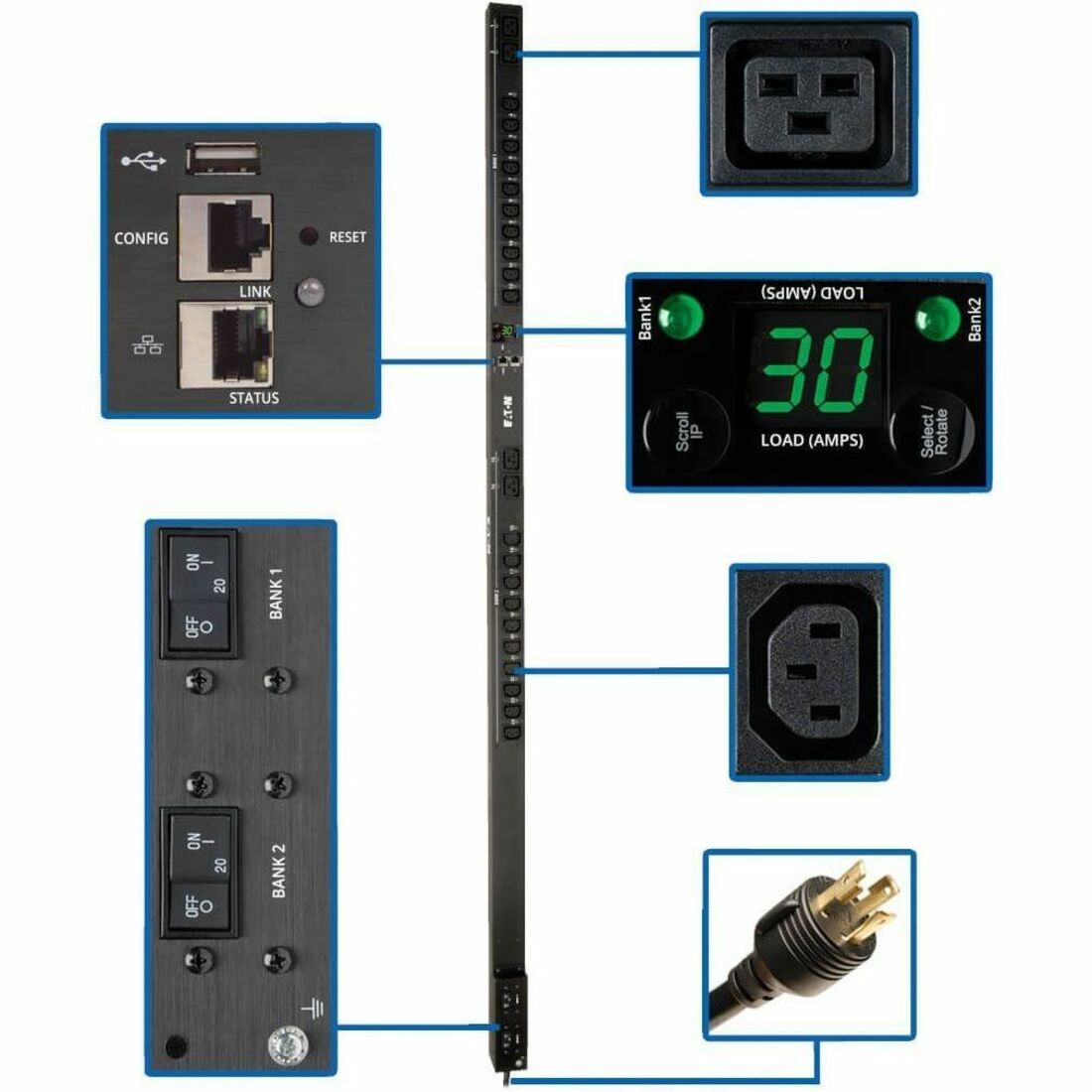 Eaton 5.5kW Single-Phase Switched PDU - LX Interface, 208/230V Outlets (20 C13 & 4 C19), L6-30P, 0U, TAA — PDUMV30HVNETLX