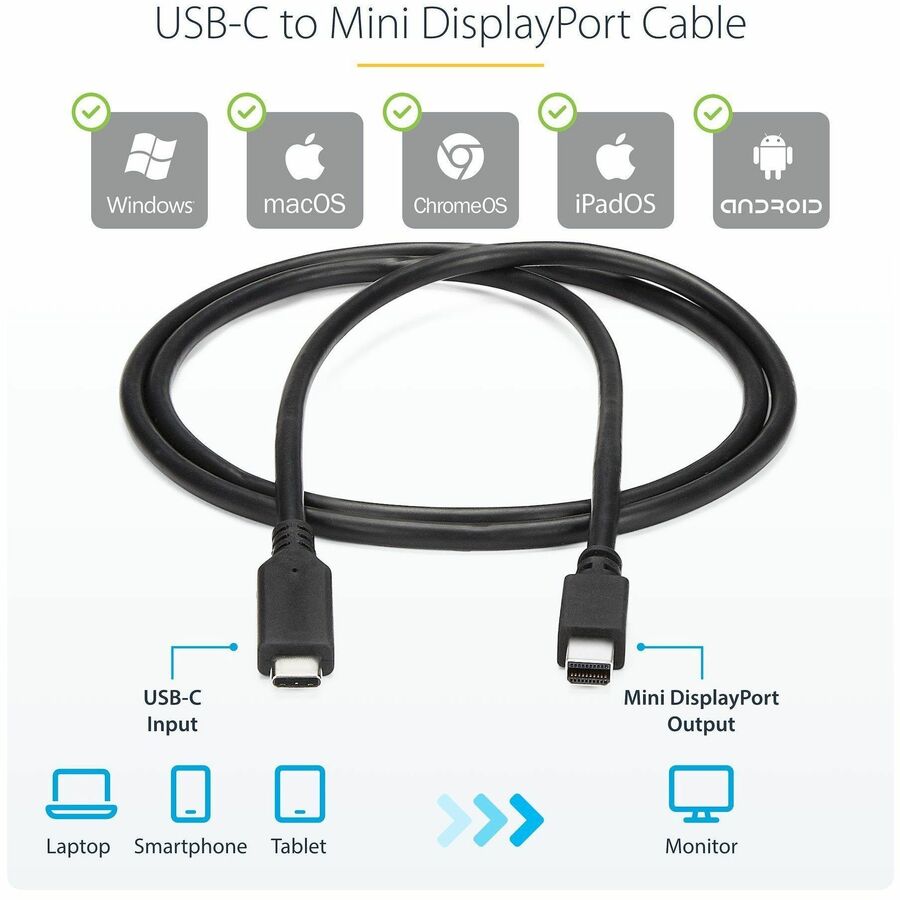 StarTech.com 1 m / 3.3 ft. USB-C to Mini DisplayPort Cable - 4K 60Hz - Black - USB 3.1 Type-C to Mini DP Adapter Cable - mDP Cable — CDP2MDPMM1MB