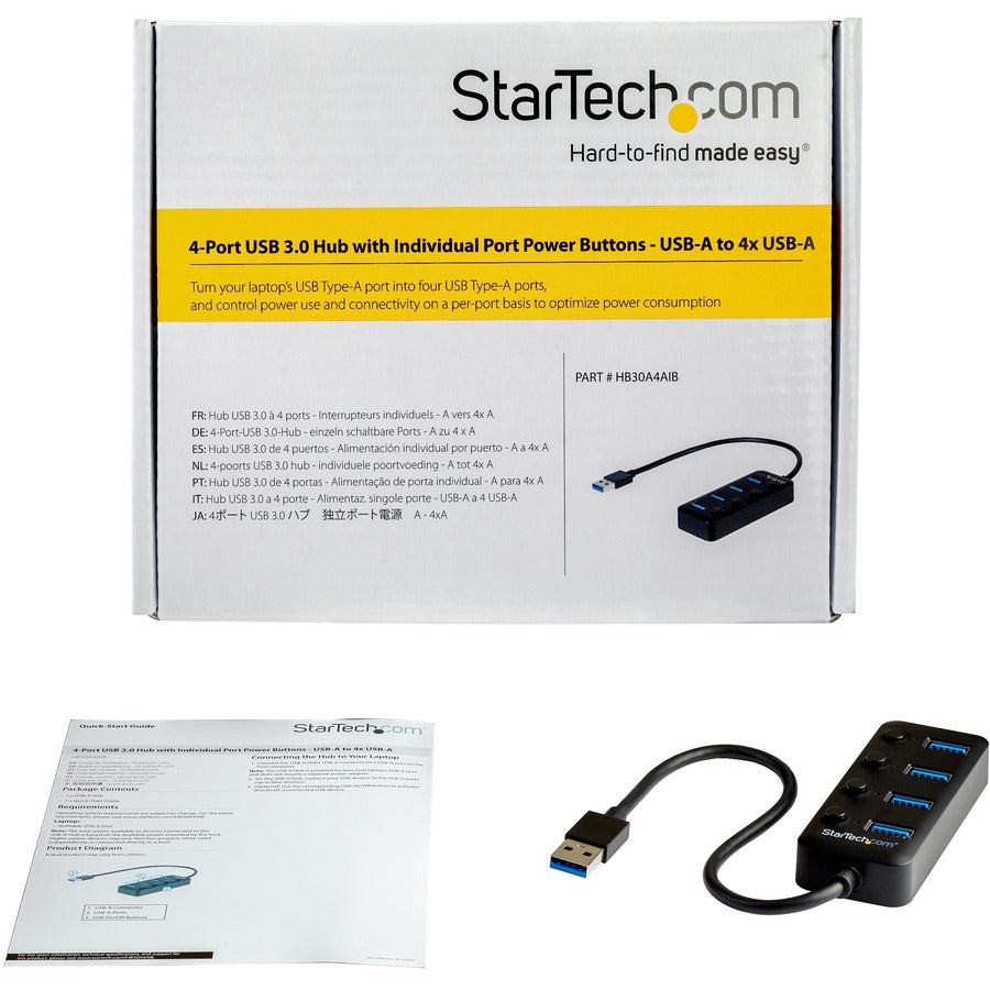 StarTech.com 4 Port USB 3.0 Hub - USB Type-A to 4x USB-A with Individual On/Off Port Switches - SuperSpeed 5Gbps USB 3.2 Gen 1 - Bus Power — HB30A4AIB