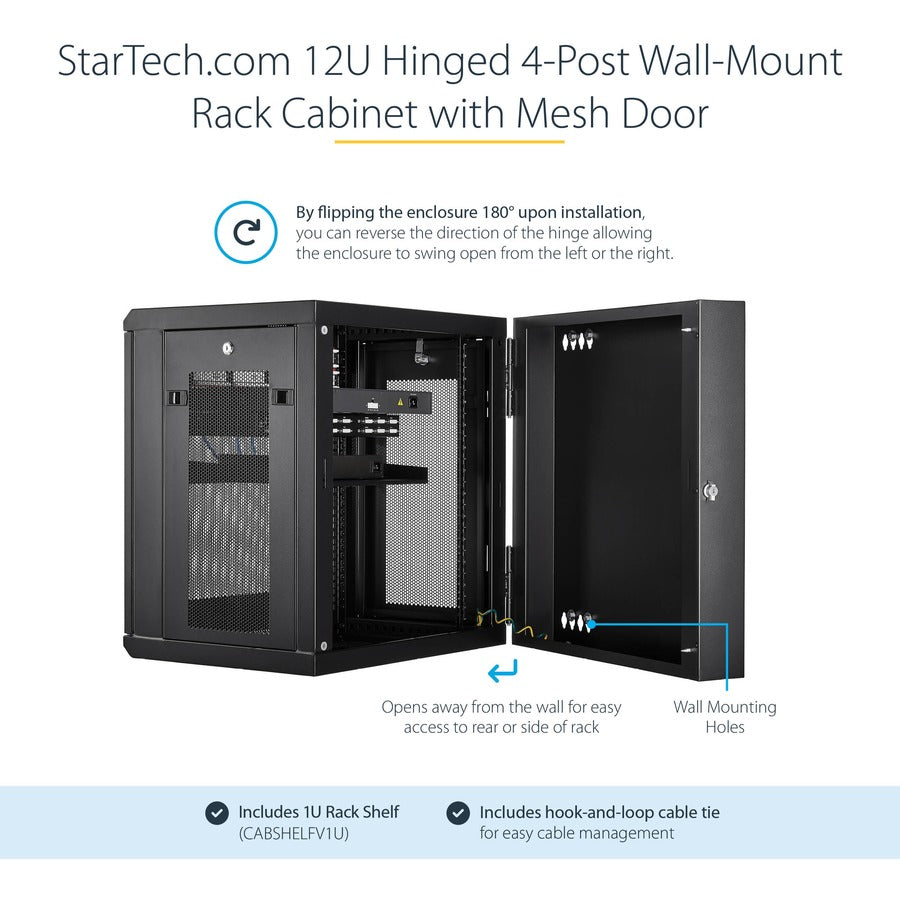 StarTech.com 4-Post 12U Wall Mount Network Cabinet, 19" Hinged Wall-Mounted Server Rack for IT Equipment, Flexible Lockable Rack Enclosure — RK12WALHM
