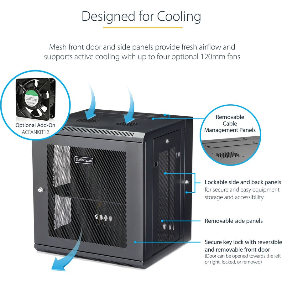 StarTech.com 4-Post 12U Wall Mount Network Cabinet, 19" Hinged Wall-Mounted Server Rack for IT Equipment, Flexible Lockable Rack Enclosure — RK12WALHM