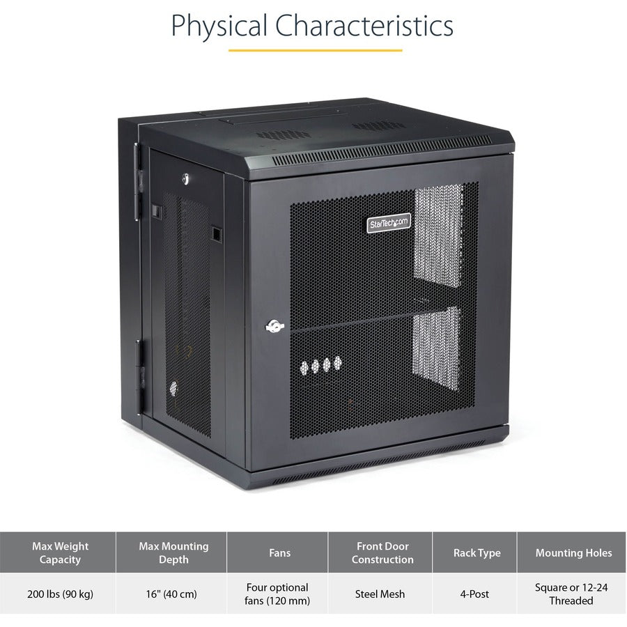 StarTech.com 4-Post 12U Wall Mount Network Cabinet, 19" Hinged Wall-Mounted Server Rack for IT Equipment, Flexible Lockable Rack Enclosure — RK12WALHM