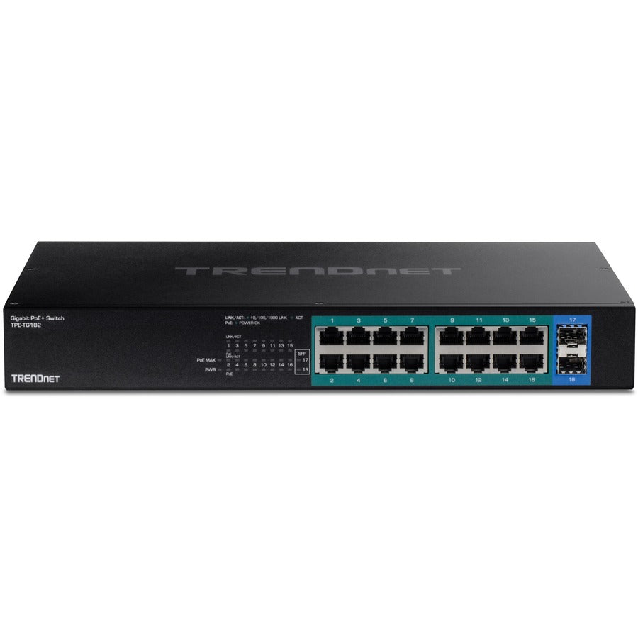 TRENDnet 18-Port Gigabit PoE+ Switch, 16 x 30W PoE+ Ports, 2 Gigabit SFP Slots, 240W PoE Budget, 36Gbps Switching Capacity, 1U 19" Rack Mountable, Lifetime Protection, Black, TPE-TG182