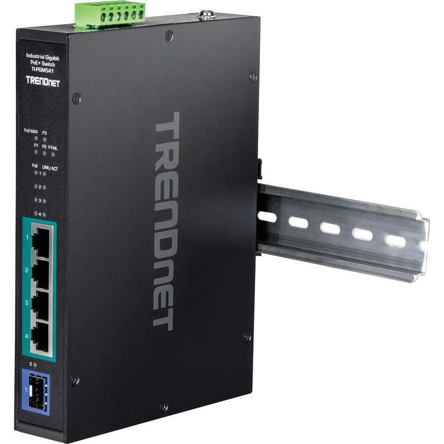 TRENDnet 5-Port Industrial Gigabit PoE+ Switch, Wide Temperature Range -20° - 65°C (-4° - 149°F), DIN-Rail Switch, 50-55V DC, 4 x Gigabit PoE+ Ports, 1 x Gigabit SFP Slot, TI-PGM541, Black — TI-PGM541