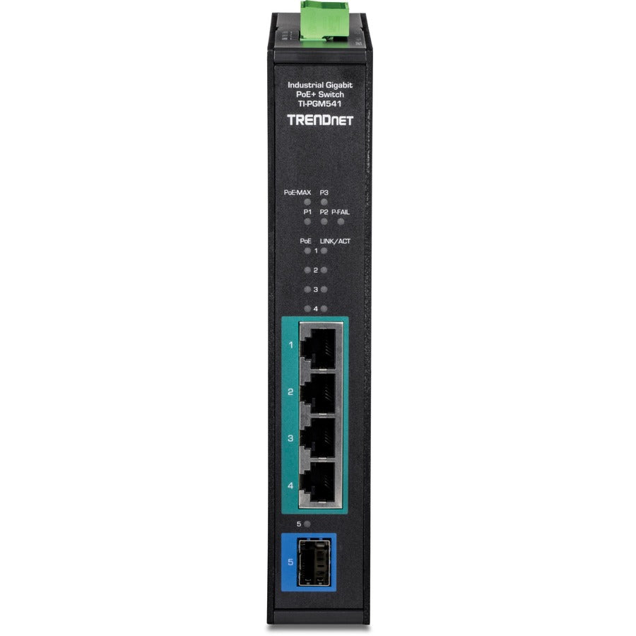 TRENDnet 5-Port Industrial Gigabit PoE+ Switch, Wide Temperature Range -20° - 65°C (-4° - 149°F), DIN-Rail Switch, 50-55V DC, 4 x Gigabit PoE+ Ports, 1 x Gigabit SFP Slot, TI-PGM541, Black — TI-PGM541