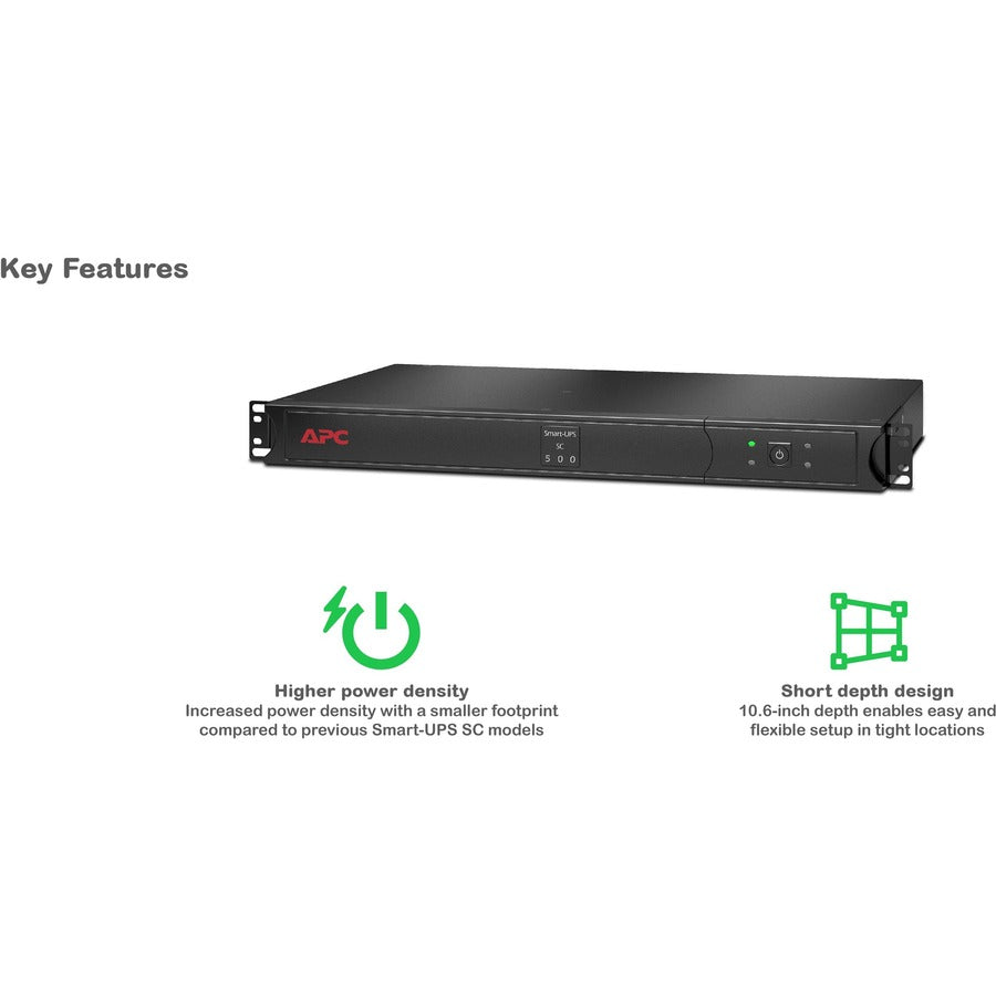 APC Smart-UPS, Line Interactive, 500VA, Rackmount 1U, 120V, 4x NEMA 5-15R outlets, Short Depth — SC500RM1U