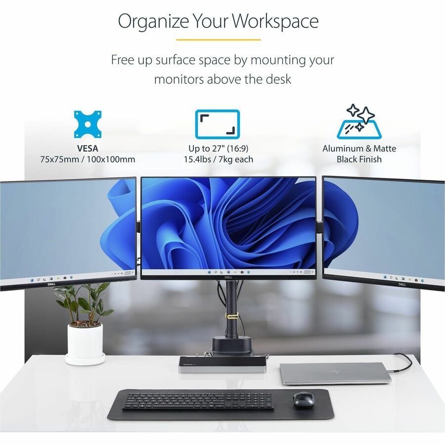 StarTech.com Triple Monitor Desk Mount For Up To Three 27in Screens, VESA 75x75/100x100, Tool-Less Arm Adjustments, C-Clamp/Grommet — 3MP2AG-MONITOR-ARM