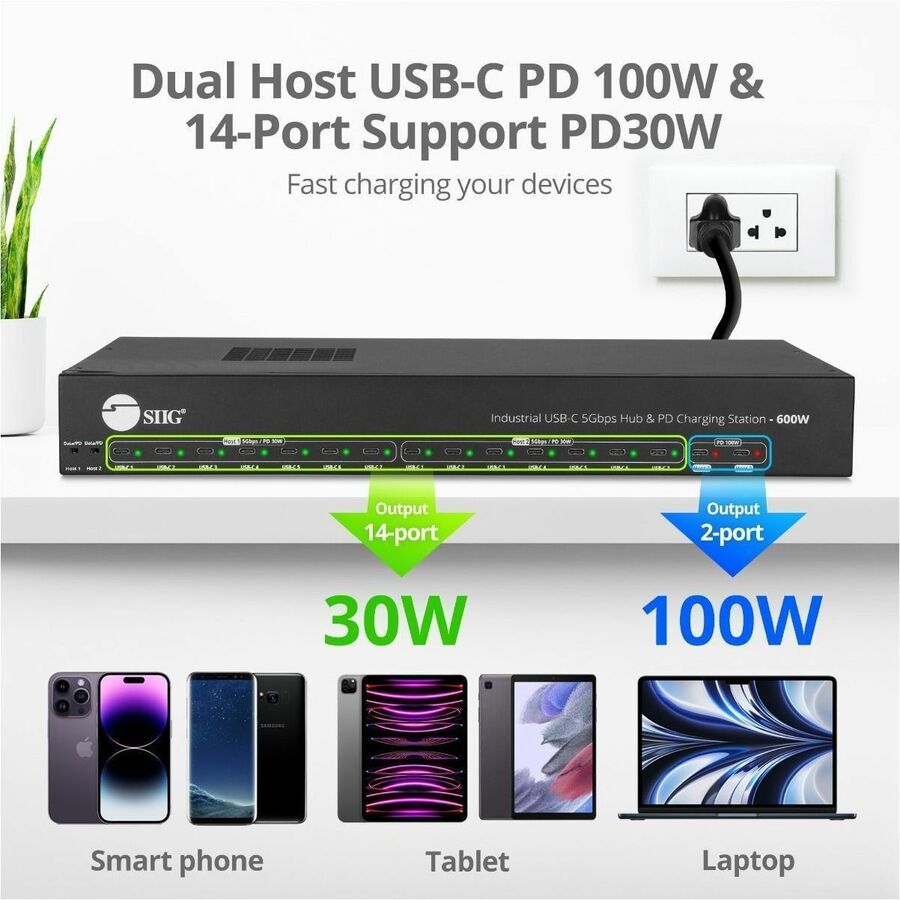SIIG 16-port Industrial 600W USB-C PD Charging Station with 5Gbps USB Hub — ID-US0B11-S3
