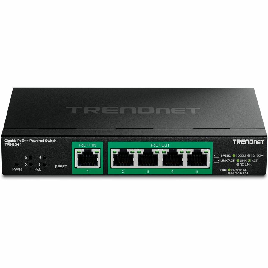 TRENDnet 5-Port Gigabit PoE++ Powered Managed Switch with PoE Passthrough, TPE-B541, 1 x Gigabit PoE++ Input, 4 x Gigabit PoE+ Output, 60W PoE Budget, NDAA TAA Compliant, Lifetime Protection — TPE-B541