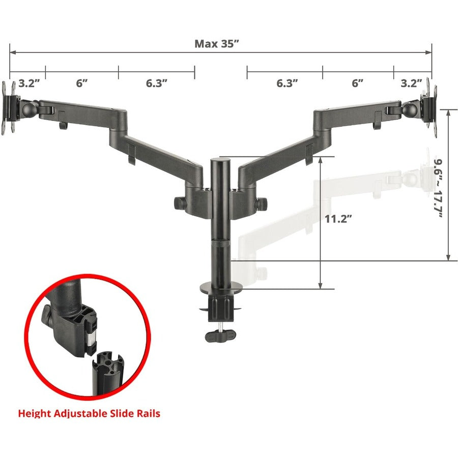 SIIG Dual Arm Pole Multi-Angle Replaceable Articulating Monitor Desk Mount - 14" to 30" - Max Load 17.6lbs each - Expandable Slide Rails Design - up to 4 monitors — CE-MT3E11-S1