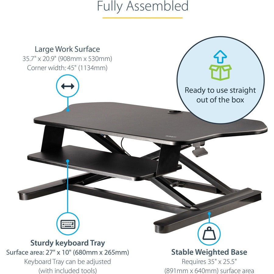 StarTech.com Corner Sit Stand Desk Converter with Keyboard Tray, Large Surface 35"x21" , Height Adjustable Ergonomic Tabletop Standing Desk — ARMSTSCORNR