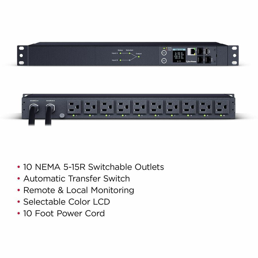 CyberPower PDU44001 Single Phase 100 - 120 VAC 15A Switched ATS PDU — PDU44001