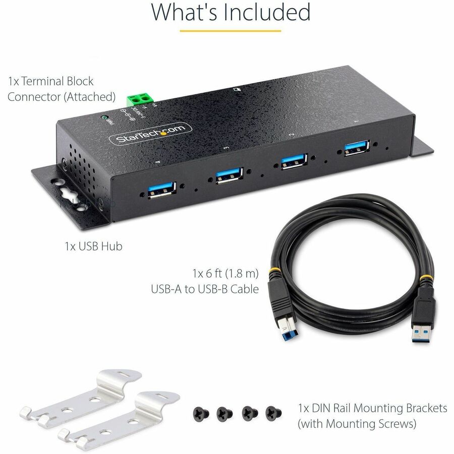 StarTech.com 4-Port Industrial USB 3.0 5Gbps Hub, Rugged USB Hub w/ ESD & Surge Protection, DIN/Wall/Desk Mountable, USB-A Expansion Hub — 5G4AINDNP-USB-A-HUB