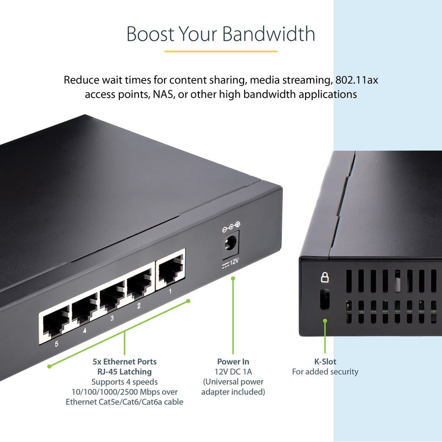 StarTech.com Unmanaged 2.5G Switch, 5 Port 2.5GBASE-T Unmanaged Ethernet Switch, Din Rail | Wall Mount, Multi-Gigabit, Auto-MDIX, 9K Jumbo — DS52000