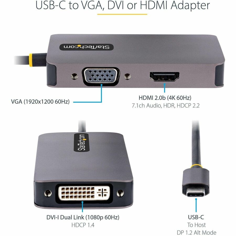 StarTech.com USB C Video Adapter, USB C to HDMI DVI VGA Adapter, 4K 60Hz, Aluminum, Video Display Adapter, USB Type C Travel Adapter — 118-USBC-HDMI-VGADVI