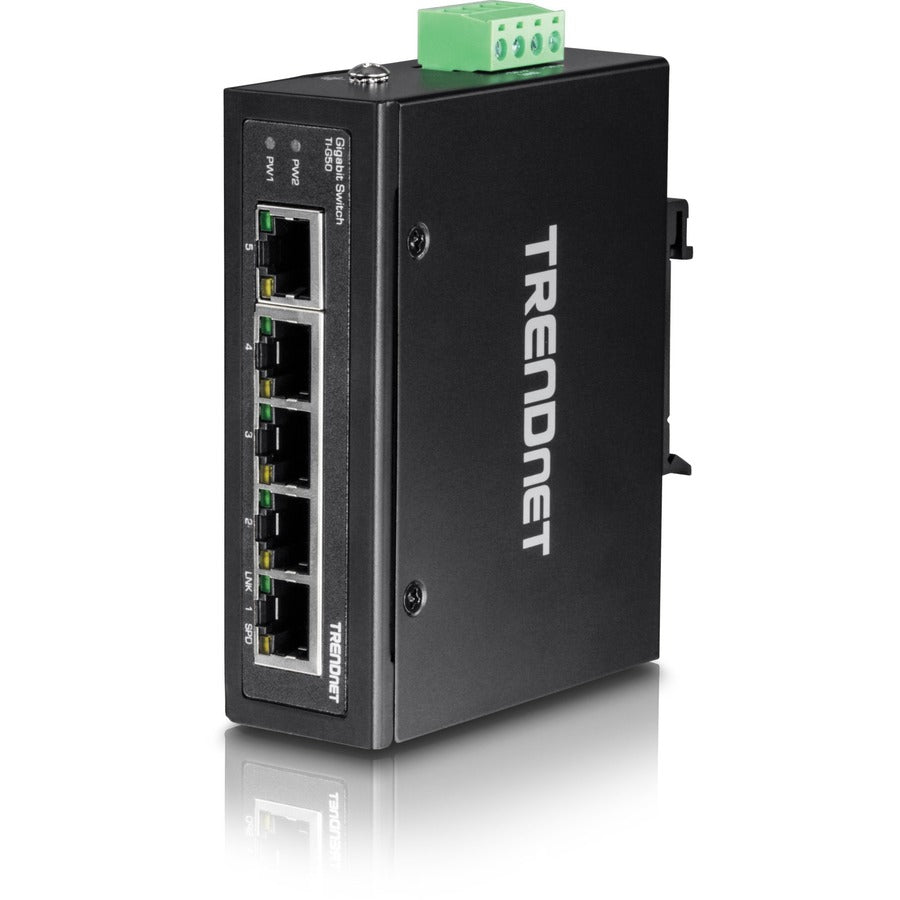 TRENDnet 5-Port Hardened Industrial Gigabit DIN-Rail Switch, TI-G50, 10 Gbps, IP50 Rated, Ethernet Splitter, NDAA & TAA Compliant, DIN-Rail and Wall Mounts Included, Lifetime Protection, Black — TI-G50