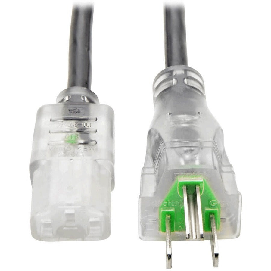 Eaton Tripp Lite Series Hospital-Grade Power Cord, NEMA 5-15P to C13 - Green Dot, 13A, 125V, 16 AWG, 10 ft. (3.05 m), Clear Plugs — P006-010-HG13CL