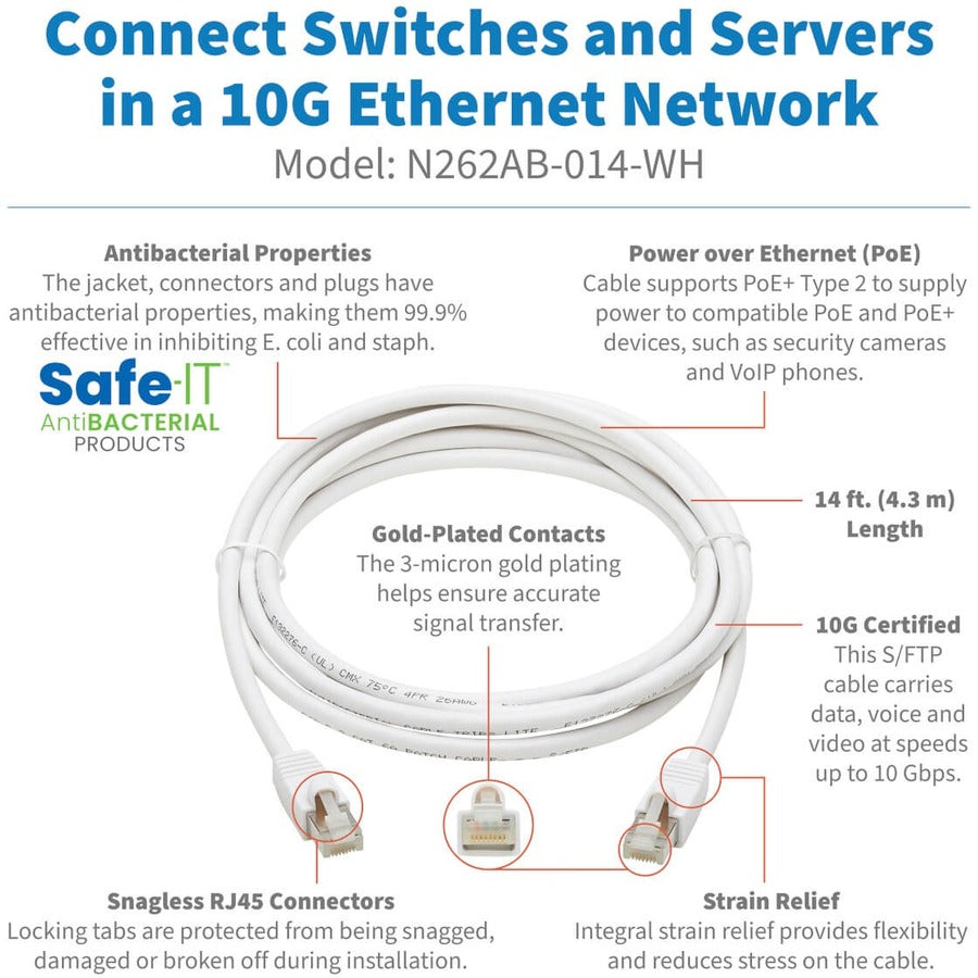 Eaton Tripp Lite Series Safe-IT Cat6a 10G Snagless Antibacterial S/FTP Ethernet Cable (RJ45 M/M), PoE, White, 14 ft. (4.27 m), TAA — N262AB-014-WH