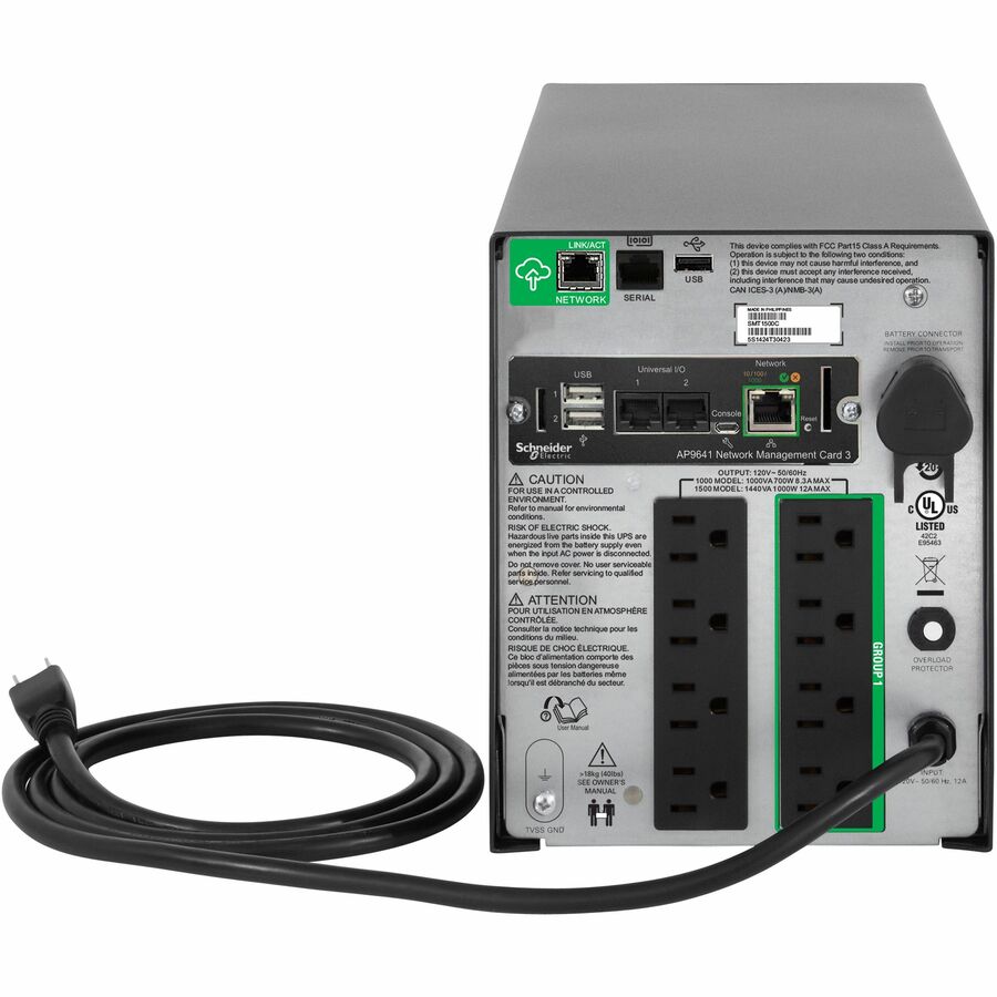 APC Smart-UPS, Line Interactive, 1500VA, Tower, 120V, 8x NEMA 5-15R outlets, SmartConnect Port+Network Card, AVR, LCD — SMT1500CNC