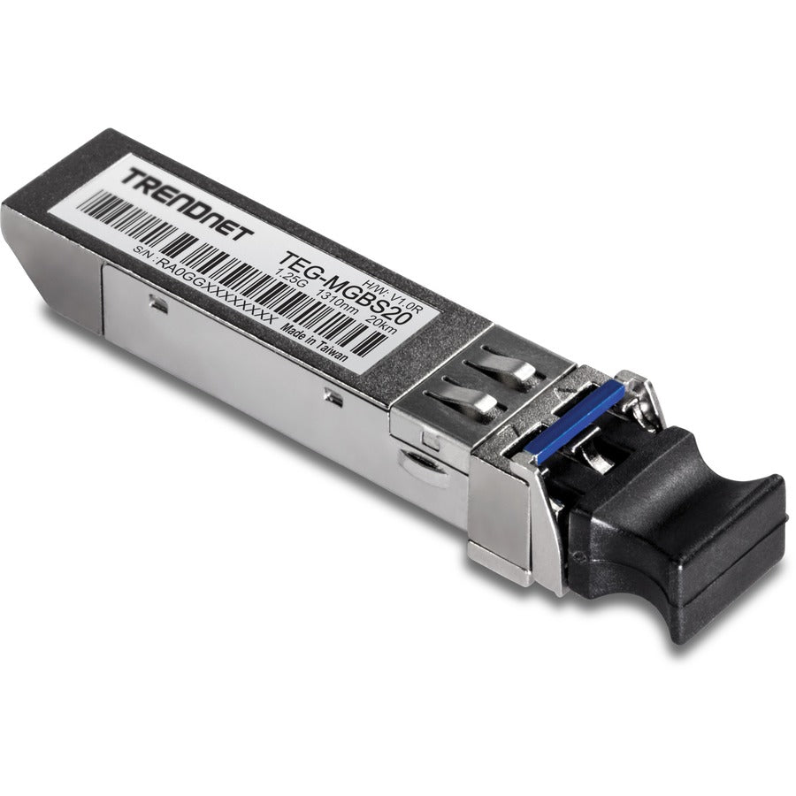 TRENDnet SFP Single Mode LC Module (20km/ 12.4 mi), TEG-MGBS20, Data Rates up to 1.25Gbps, 1310nm Single Mode, IEEE 802.3z Gigabit Ethernet, ANSI Fiber Channel Compliant, Lifetime Protection — TEG-MGBS20
