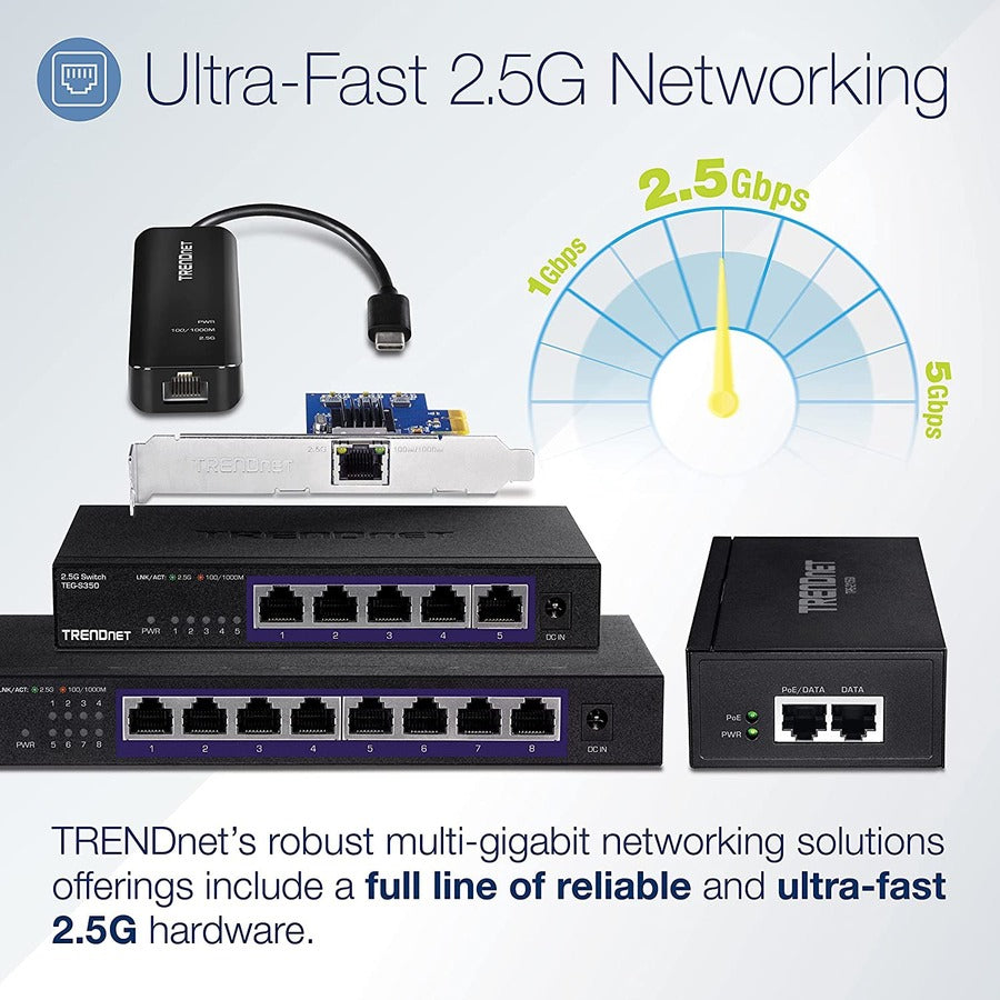 TRENDnet 2.5G PoE+ Injector, TPE-215GI, PoE (15.4W) or PoE+ (30W), Converts a non-PoE Port to a PoE+ 2.5G Port, 2.5GBASE-T Compliant, Integrated Power Supply, Network a PoE device up to 100m (328 ft.) — TPE-215Gi