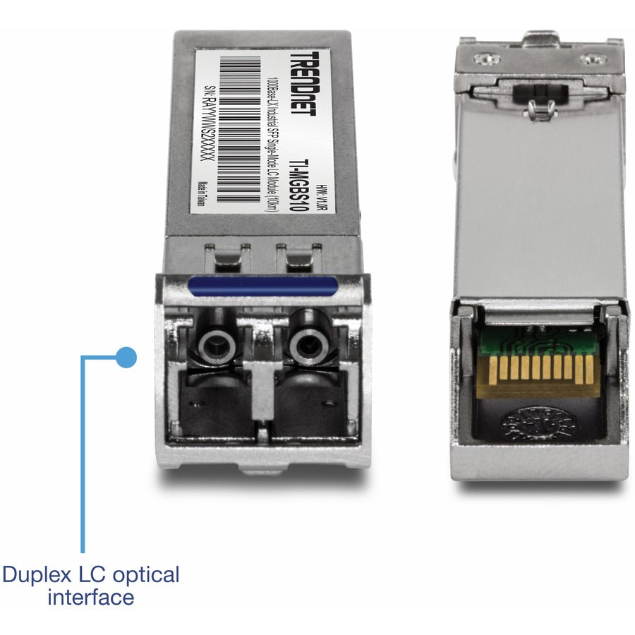 TRENDnet SFP to RJ45 Industrial Single-Mode LC Module (10km); TI-MGBS10; 1000Base-LX Industrial SFP; Compliant with IEEE 802.3z Gigabit Ethernet; Data Rates of up to 1.25Gbps; Lifetime Protection — TI-MGBS10