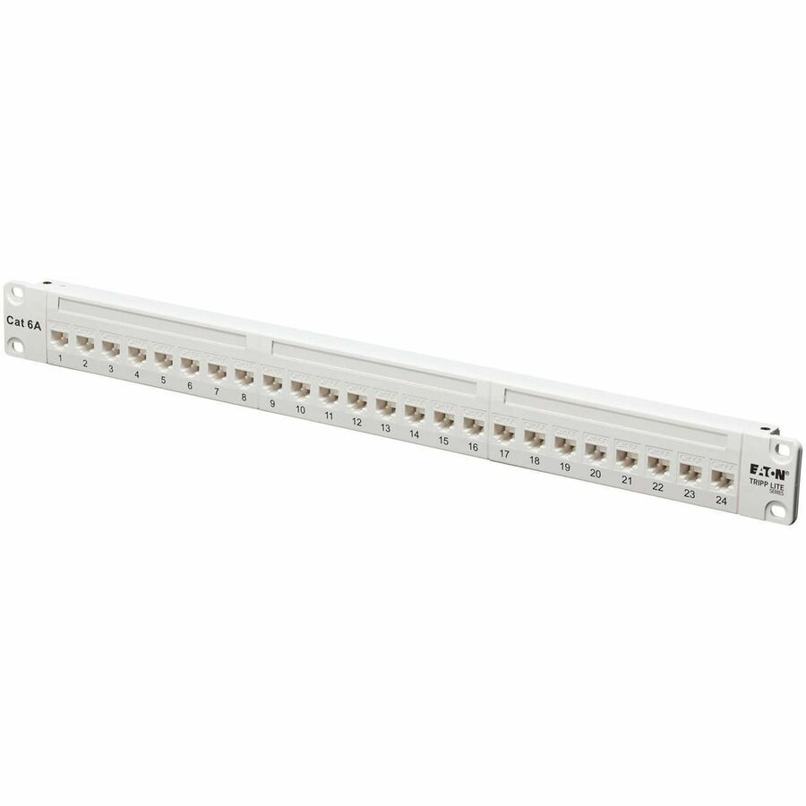 Eaton Tripp Lite Series 24-Port Cat6a Feed-Through Patch Panel - 4PPoE Compliant, 1U Rack-Mount, RJ45 Ethernet, White, TAA — N254-024-6A-WH