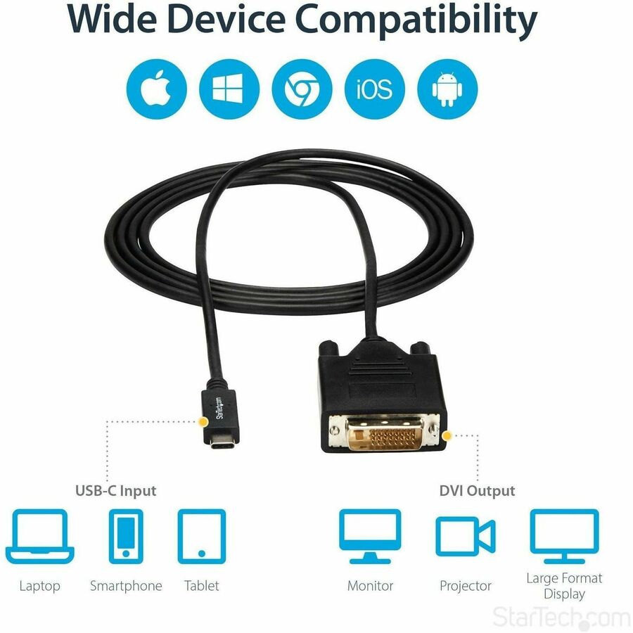StarTech.com 6.6 ft / 2 m USB-C to DVI Cable - USB Type-C Video Adapter Cable - 1920 x 1200 - Black — CDP2DVIMM2MB