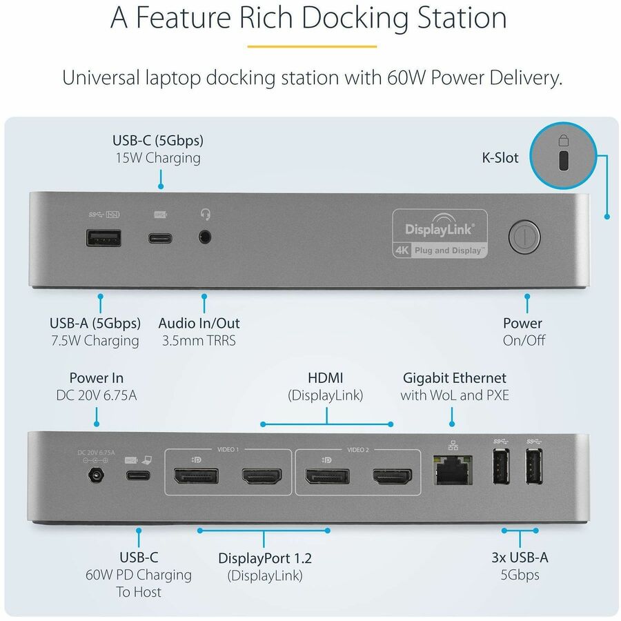 StarTech.com Universal Laptop Docking Station, Hybrid USB-C & USB-A Dock, Dual 4K DP & HDMI, 60W PD, Mac / Windows / Chrome OS, GbE — DK30C2DPPD