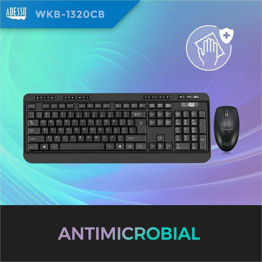 Adesso WKB-1320CB Antimicrobial Wireless Desktop Keyboard and Mouse — WKB-1320CB-TAA