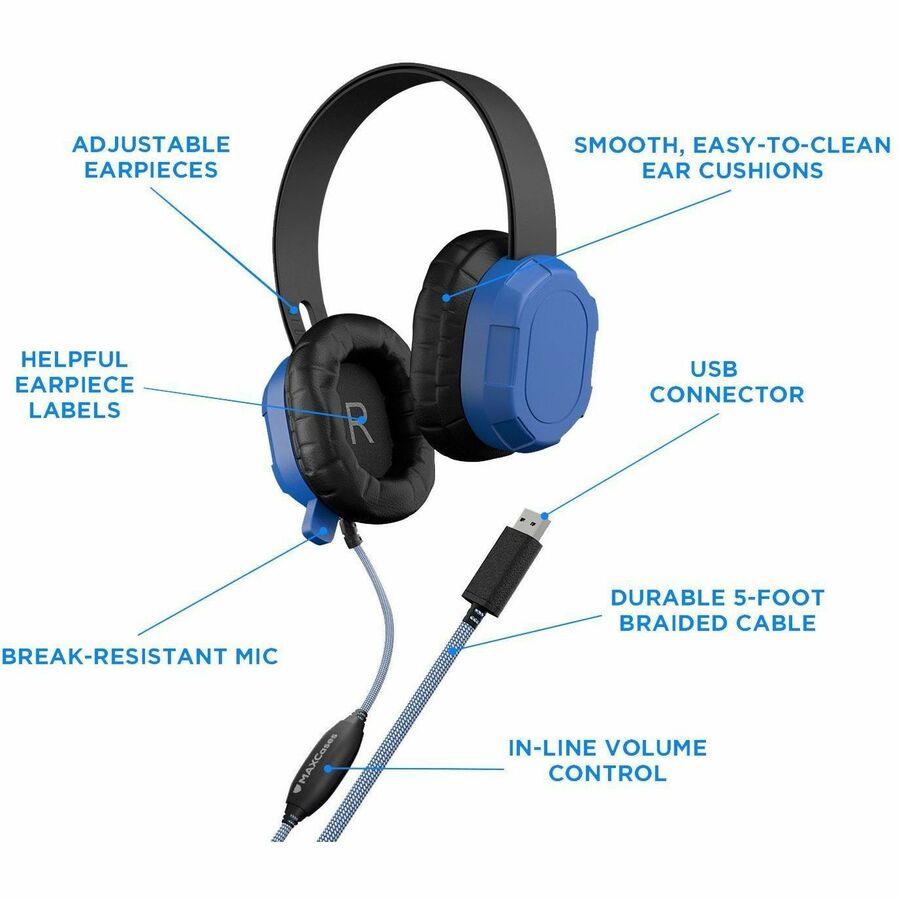 Extreme Headset w/braided cable, inline volume control and built-in microphone w/USB-A connector (Blue) — MCHPXUSBA