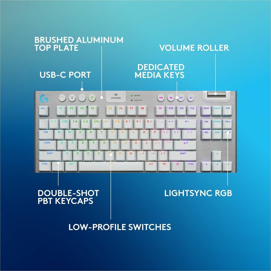 Logitech G915 X LIGHTSPEED TKL Low-Profile Wireless Gaming Keyboard, Double-Shot PBT Keycaps, Fully Programmable Keys, RGB Backlighting, Sleek Aluminum Finishing, GL Brown Tactile - PC/Mac (White) — 920-012732