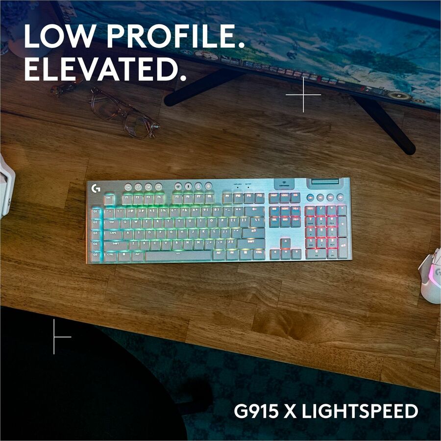 Logitech G915 X LIGHTSPEED Low-Profile Wireless Gaming Keyboard, Double-Shot PBT Keycaps, Fully Programmable Keys, RGB Backlighting, Sleek Aluminum Finishing, GL Brown Tactile Switches - PC/Mac (White) — 920-012685