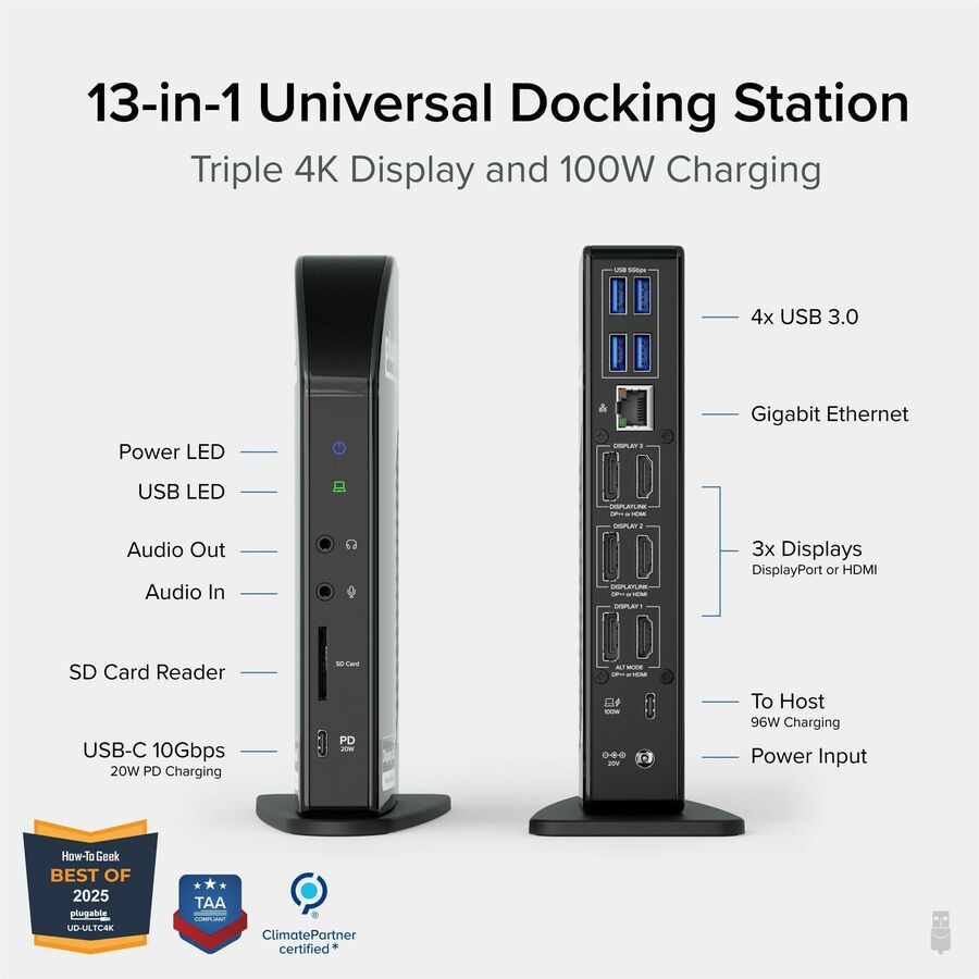 Plugable 4K USB C Docking Station Triple Monitor with 100W Power Delivery, USB C Dock for Thunderbolt 3/4, and USB-C Windows and Mac — UD-ULTC4K