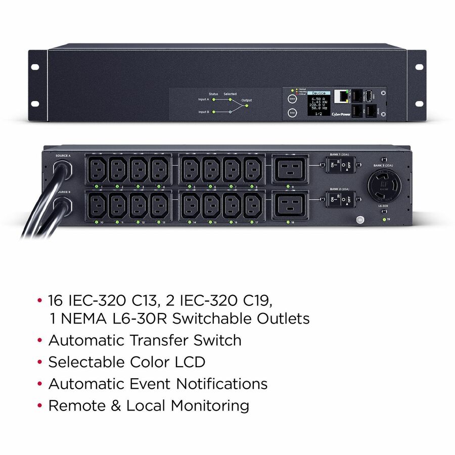 CyberPower PDU44007 Single Phase 240 - 200 VAC 30A Switched ATS PDU — PDU44007
