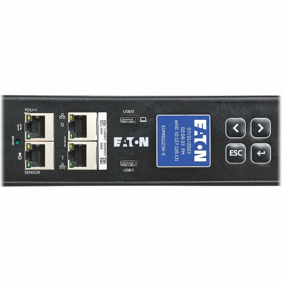 Eaton Metered Outlet Rack PDU G4, 0U, 41U, universal input, 5-23kW, 16-55A, 200-415V, 42 outlets (24)C13 (18)C39, end entry power cord — EVMOGU23X-E