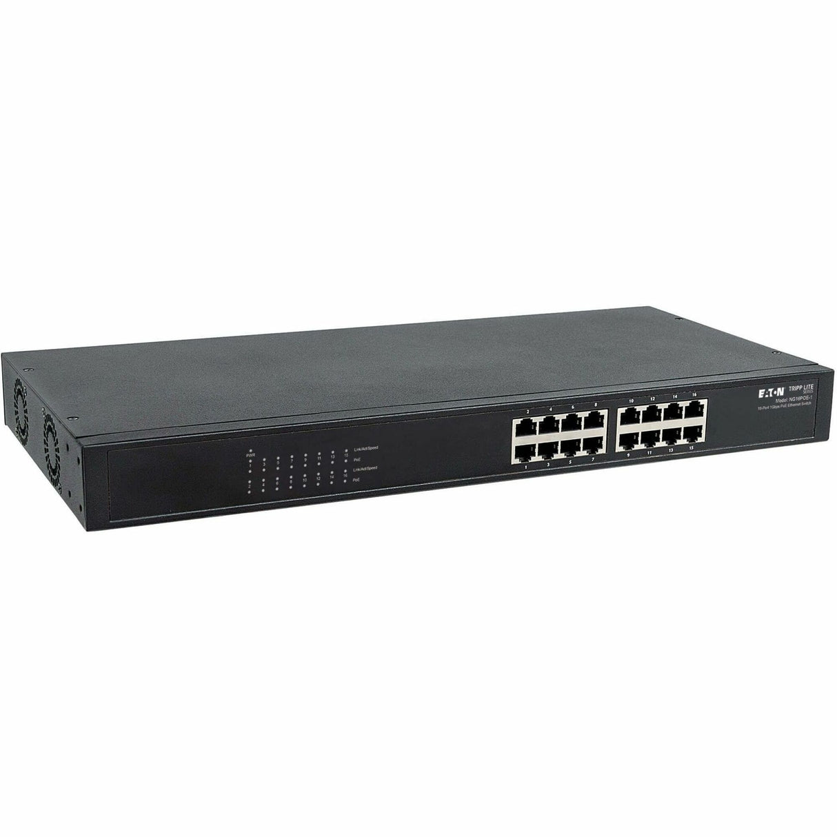 Eaton Tripp Lite Series 16-Port 10/100/1000 Mbps Gigabit Ethernet Unmanaged Switch with PoE+, 220W, Metal Enclosure, 1U Rack — NG16POE-1